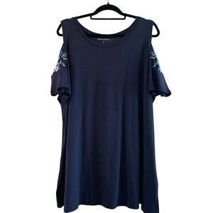 Woman Within Blue Cold Shoulder Floral Embroidered Sleeves Top Size 22/24 1X